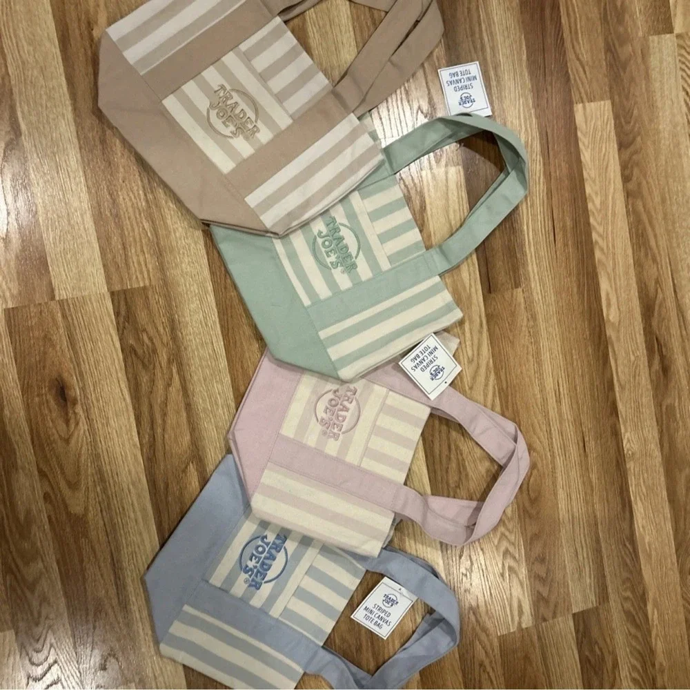 Trader Joe's Striped Mini Canvas Tote Bag Set of 4 Pink Blue Green Tan NWT